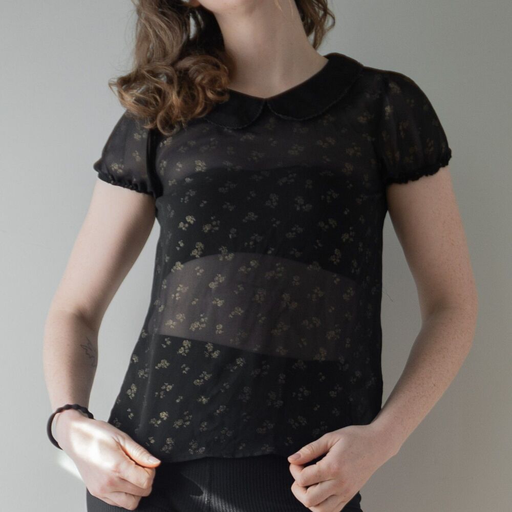 Vera Wang Black Sheer Peter Pan Collar Gold Floral Print Delicate Womens Top